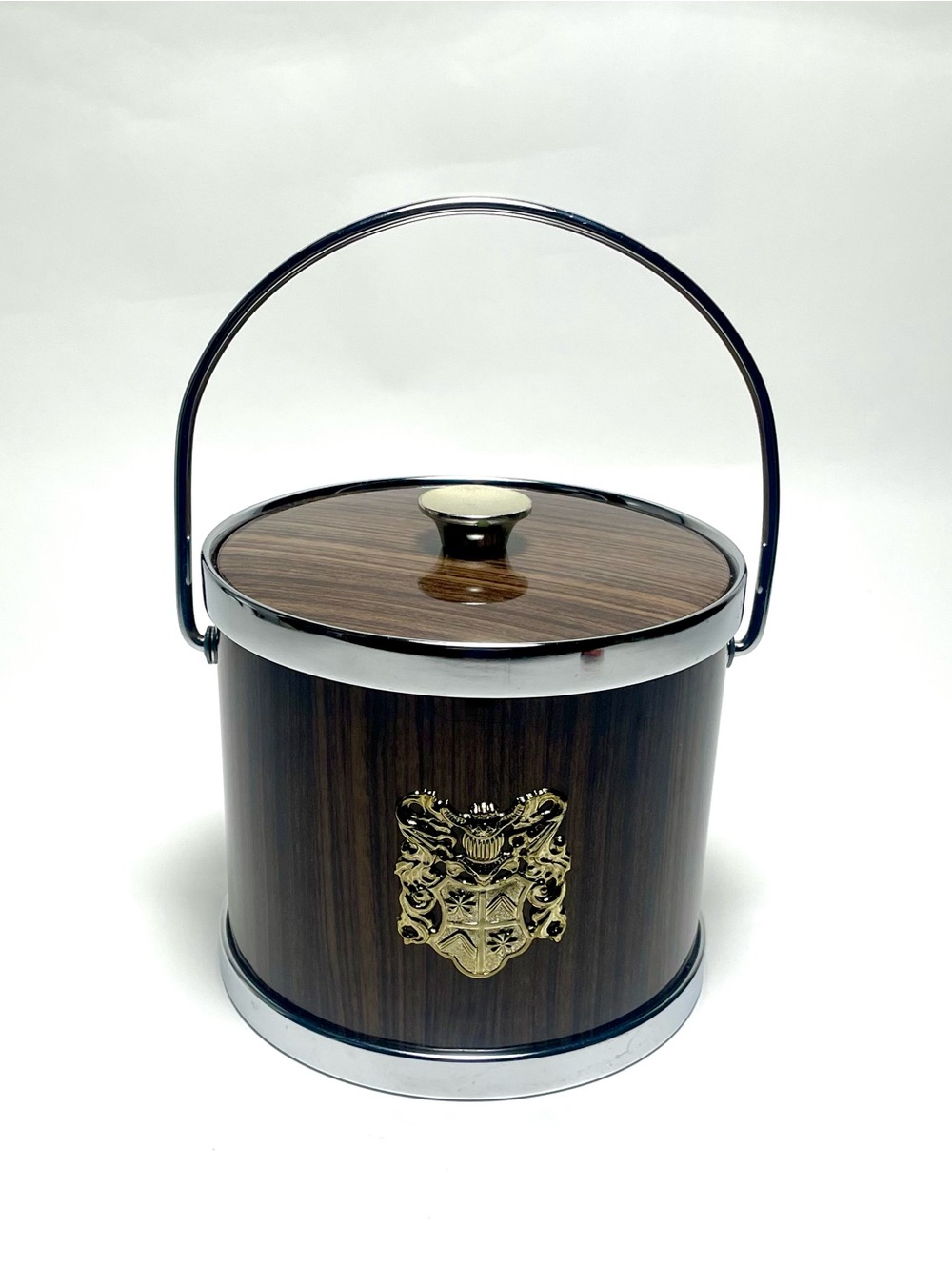 Vintage Mid Century Modern Faux Wood Grain Ice Bucket Gold Crest Chrome Barware